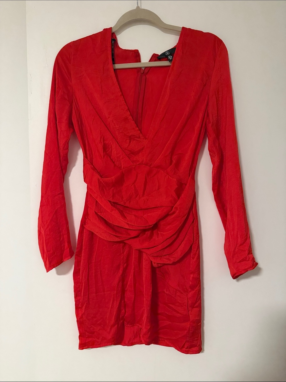 Missguided Red Long-Sleeve V-Neck Draped Mini Dress